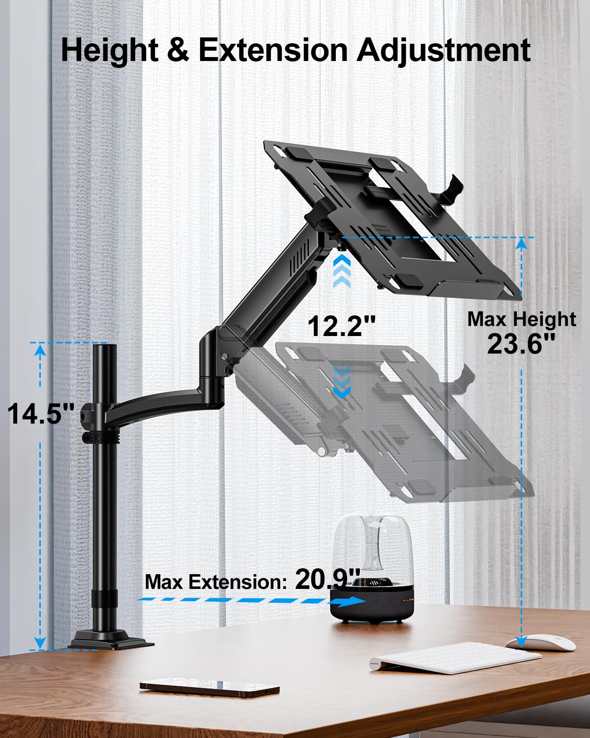MOUNTUP laptop desk mount extended reach for standing setups.