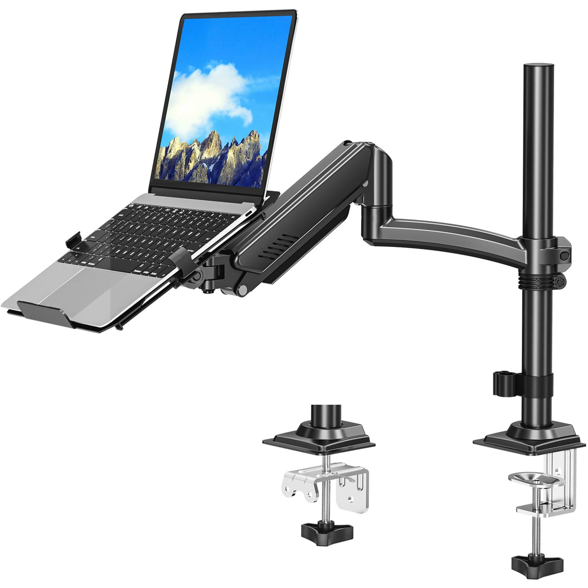 MOUNTUP laptop desk mount tilt feature for ergonomic viewing angles.