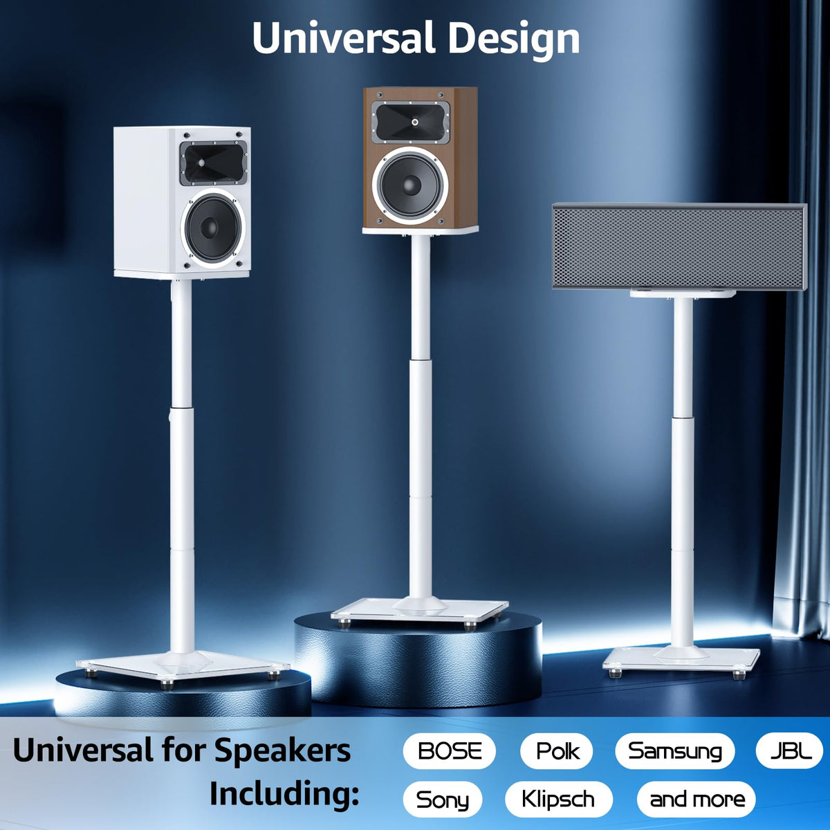 MOUNTUP living-room setup shows your speakers clear of furniture for better sound.