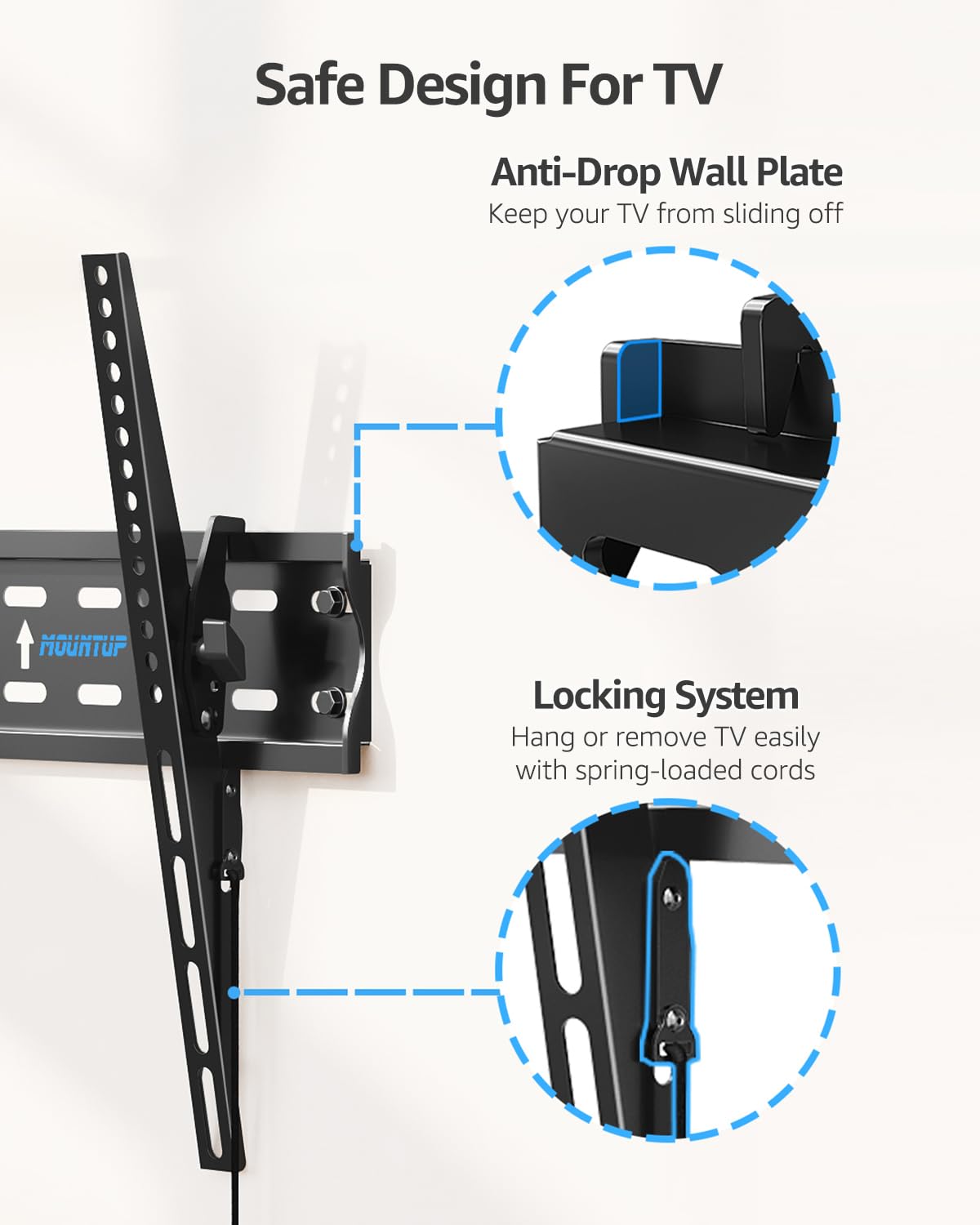 MOUNTUP mounted TV in living room demonstrating secure hold and tidy installation benefit