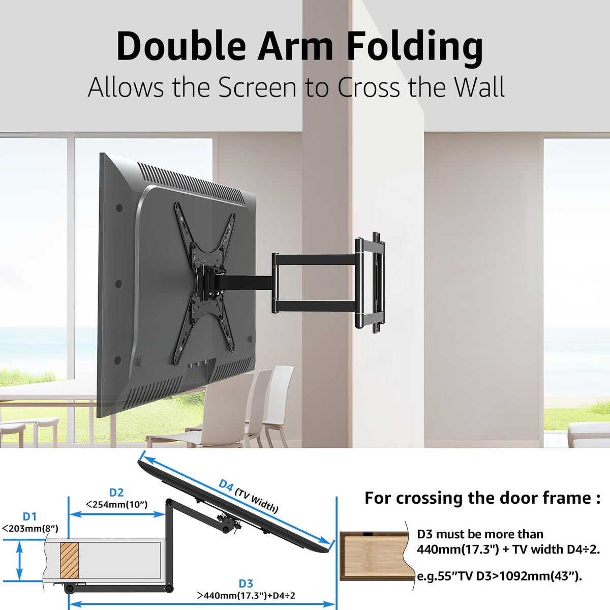 MOUNTUP MU0057 arm fully extended side profile demonstrating wide reach and flexibility