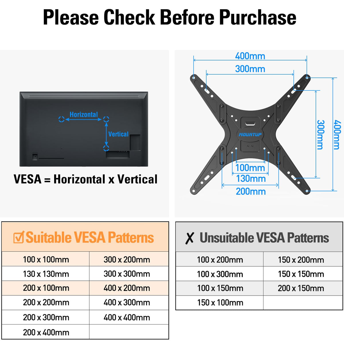 MOUNTUP MU0057 product label and specs plate showing VESA and weight capacity info