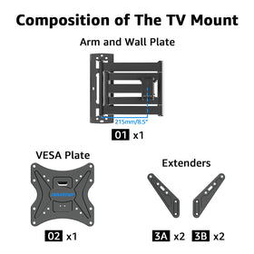 MOUNTUP MU0057 scale comparison with TV and ruler showing fit for 26–65 inch sets