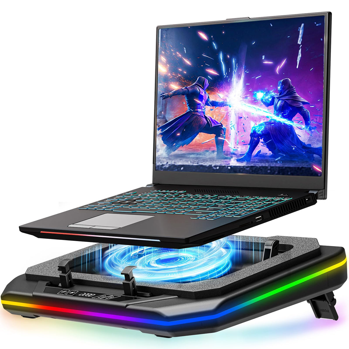 MOUNTUP front view of cooling pad showing fan and frame for better laptop airflow