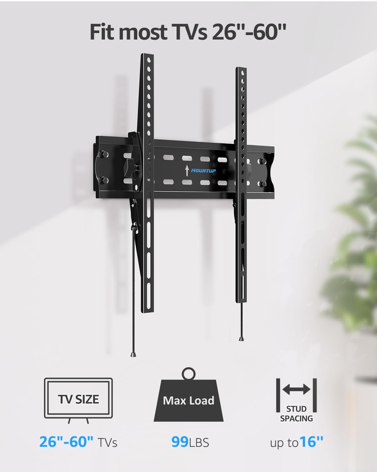 MOUNTUP mount beside a ruler showing scale and fit for TVs up to 99 lbs benefit