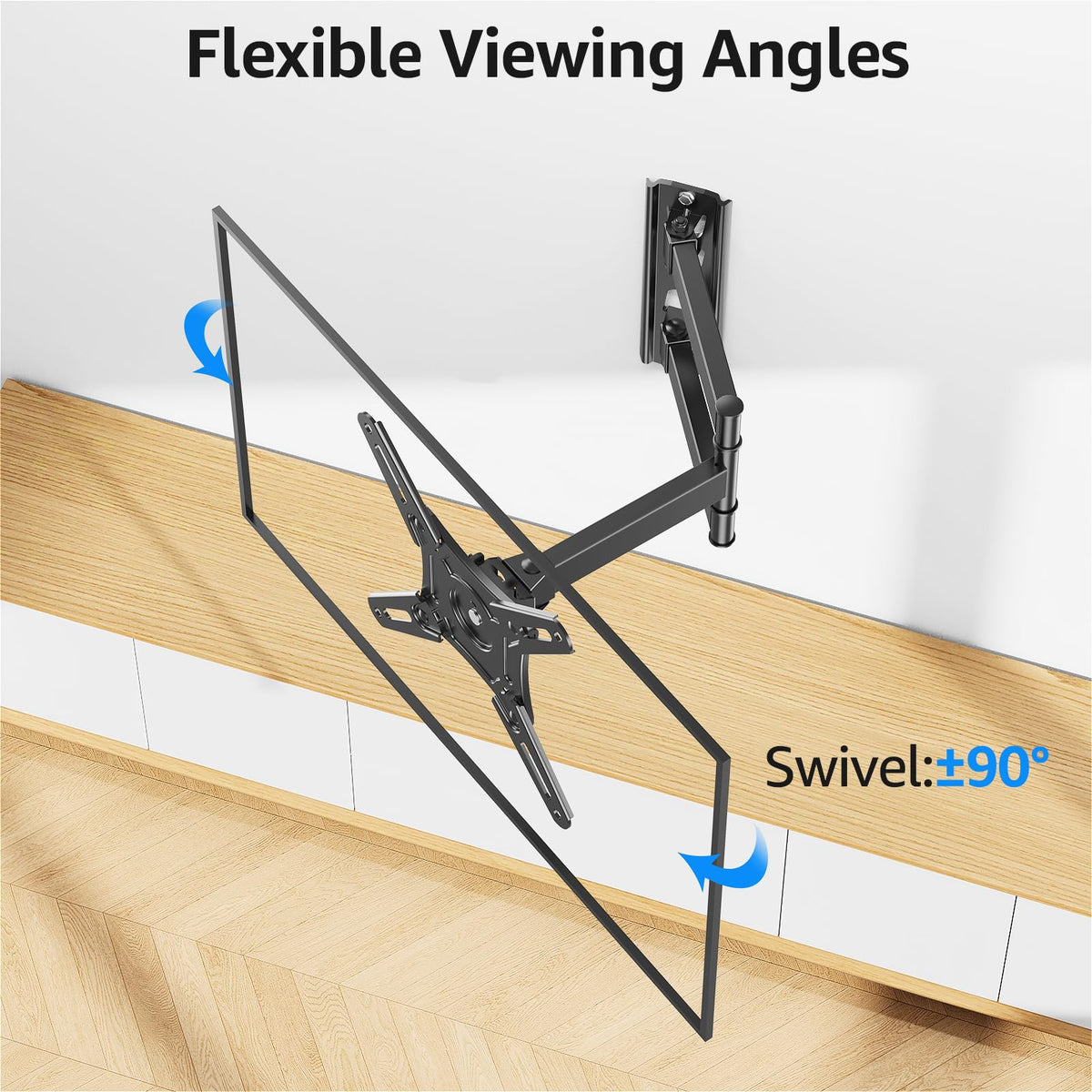 MOUNTUP full motion tilts and rotates to reduce glare during movie nights