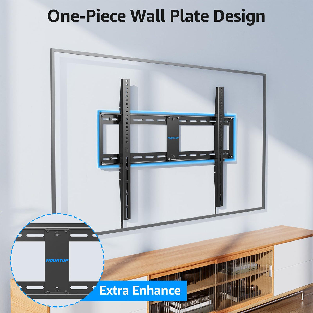 MOUNTUP mounted TV on stud wall demonstrating secure installation and safety