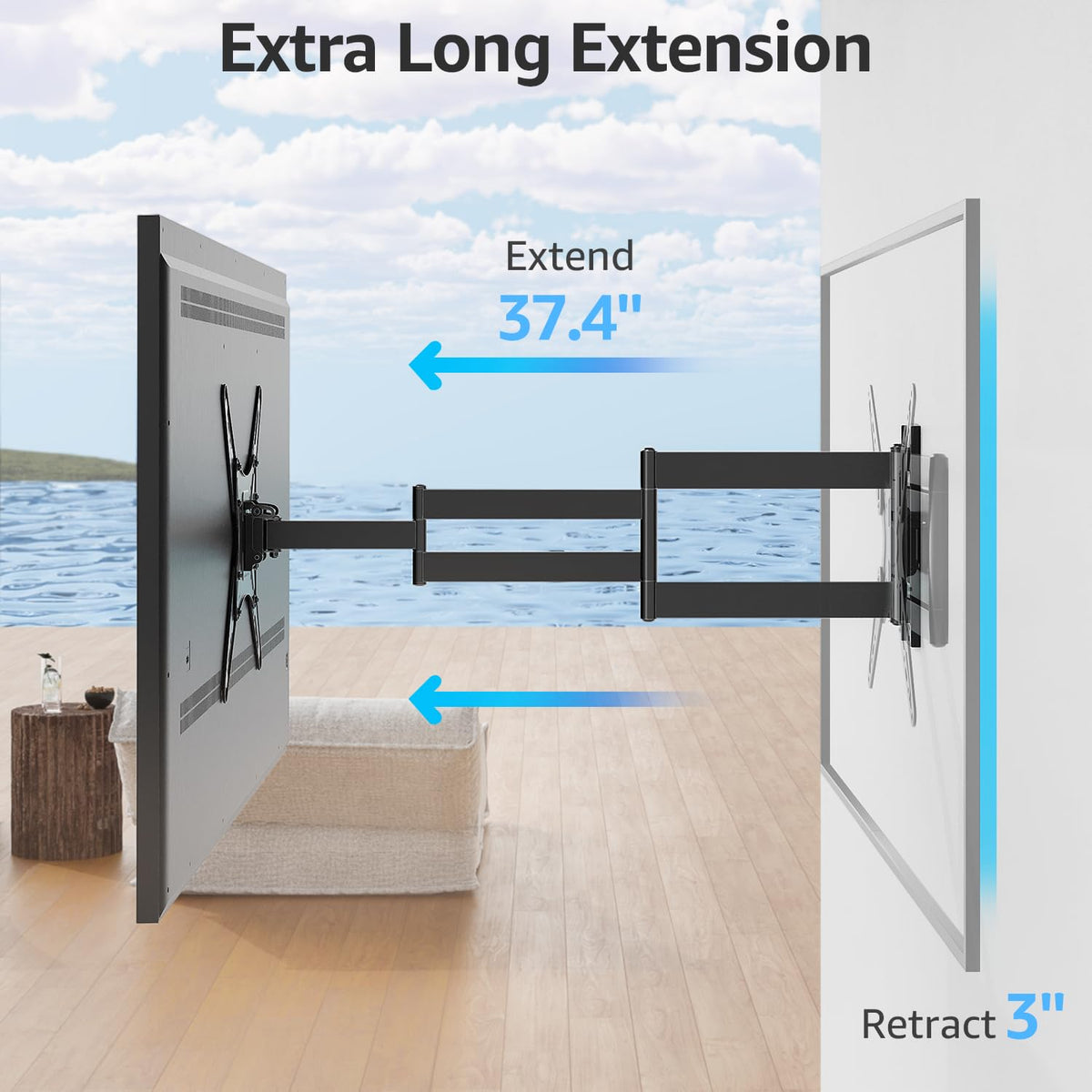 Mountup TV wall mount extension close-up shows sturdy steel construction.