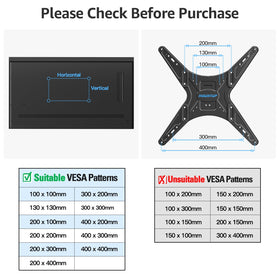 Mountup compatibility with VESA patterns 100x100 to 400x400.