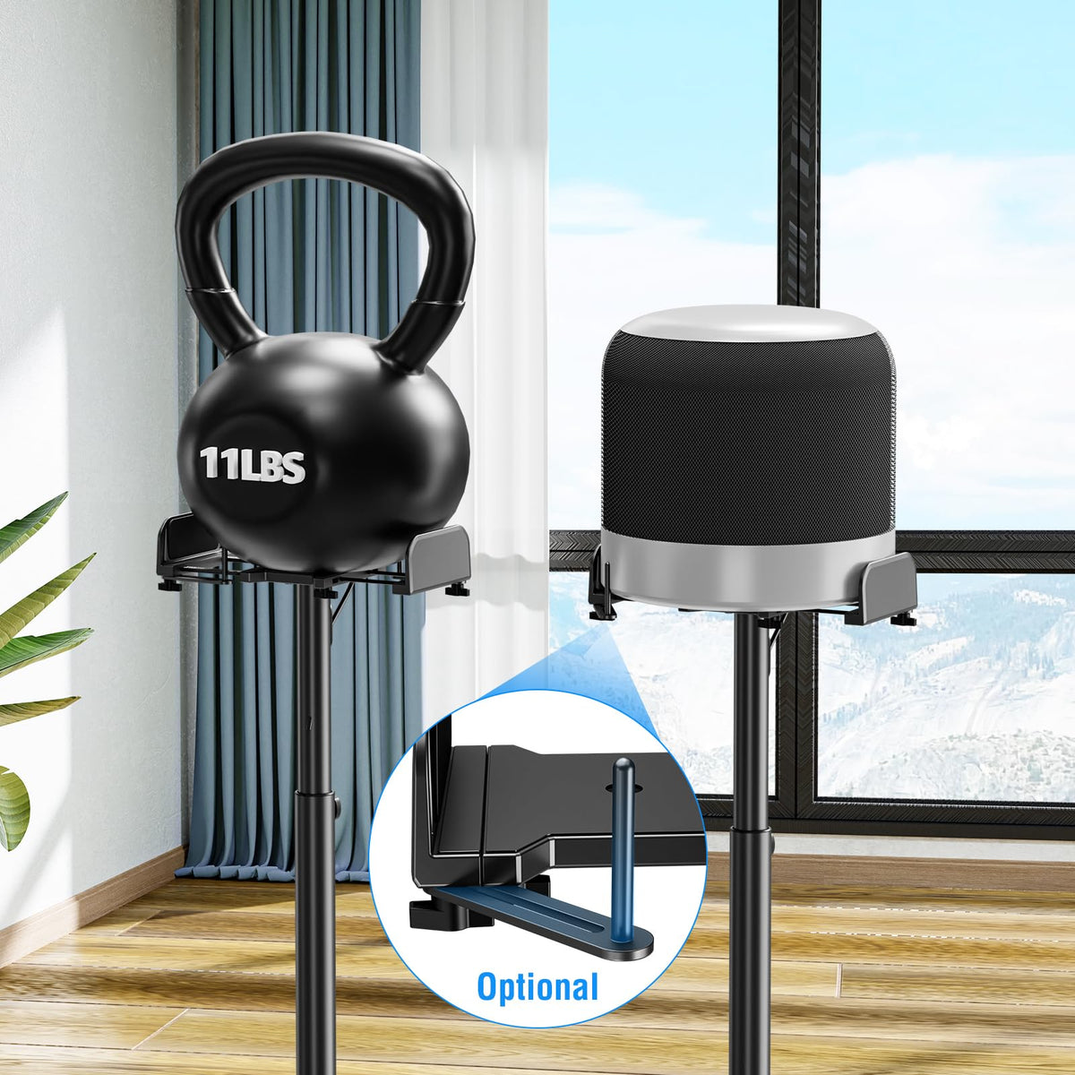 Mountup top plate accommodates most satellite speakers for flexible placement.