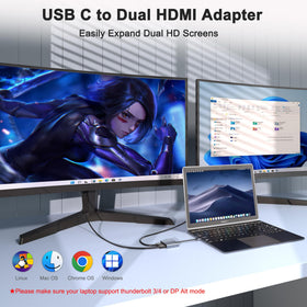 Movcle USB-C to dual HDMI adapter connected to a laptop.