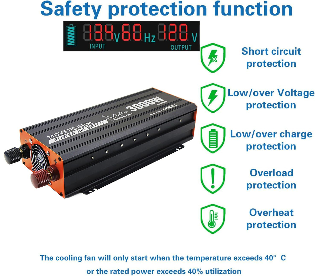 MOVFFGGRM 3000W inverter LED display for at-a-glance status during trips.