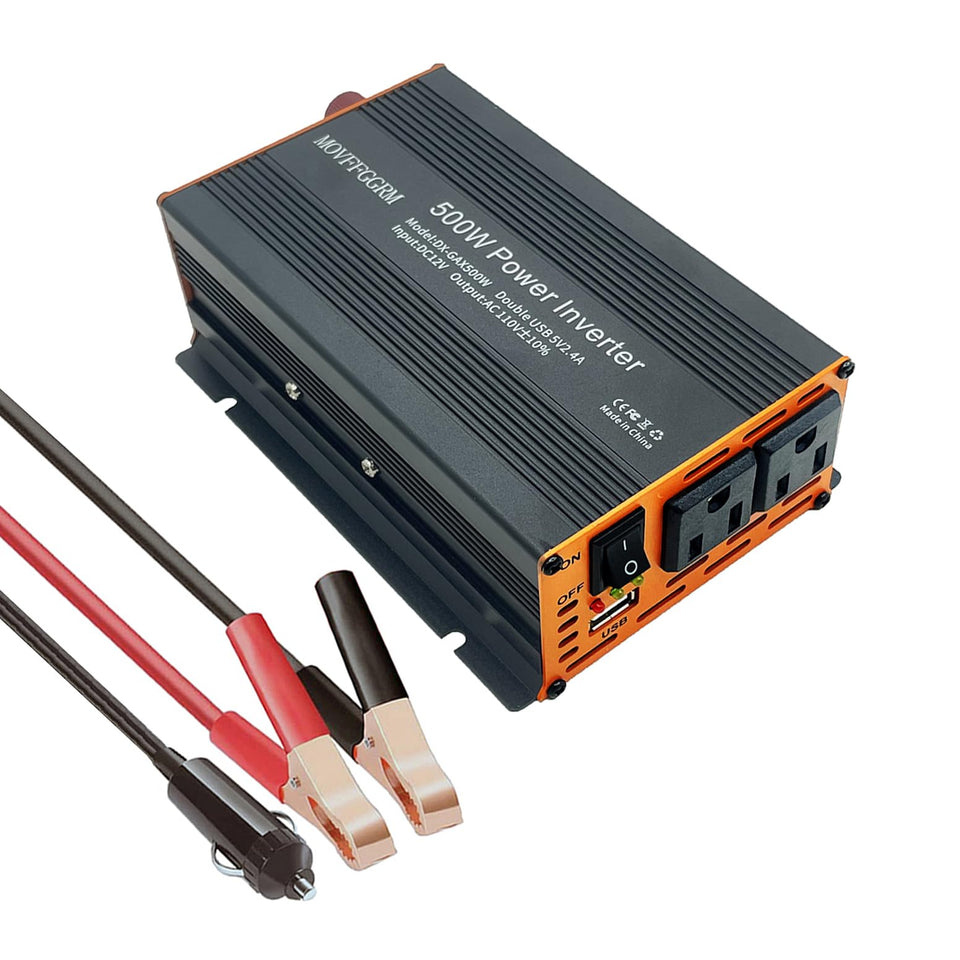 MOVFFGGRM 500W inverter front view shows compact car power solution