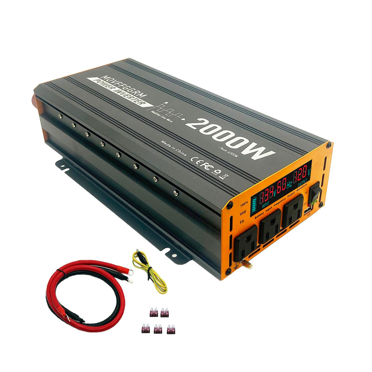 MOVFFGGRM 2000W inverter front view with LED display for easy power monitoring.