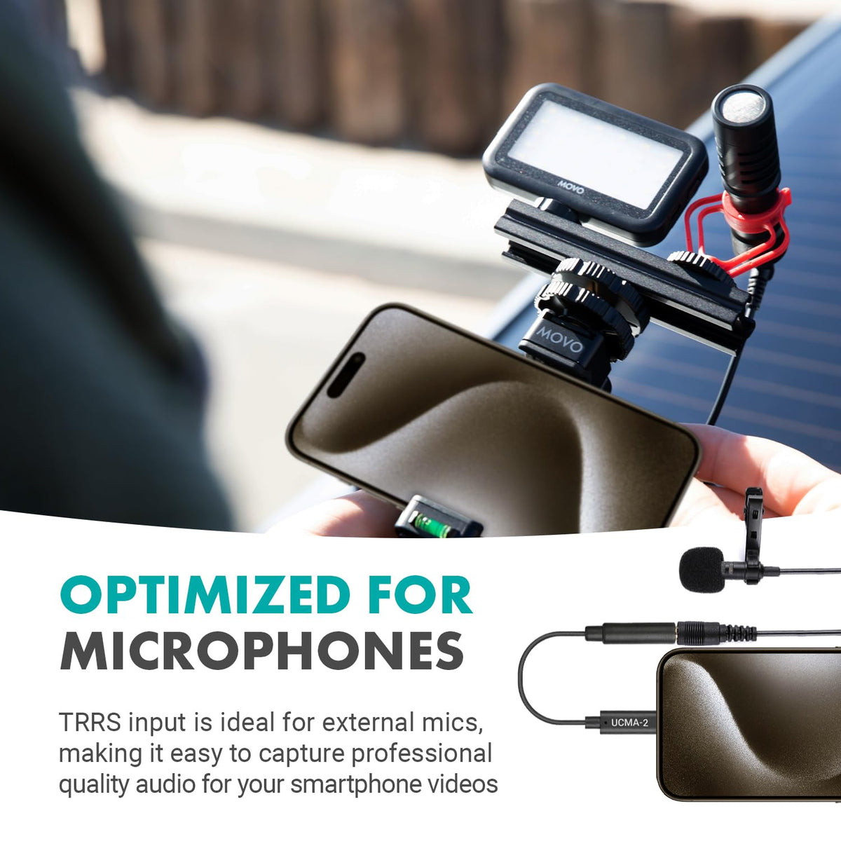 Movo dongle plugged into iPhone 15 for high-quality on-the-go recording.