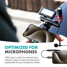 Movo dongle plugged into iPhone 15 for high-quality on-the-go recording.