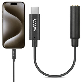 Movo TRRS to USB-C dongle connected to iPhone for crisp mobile audio.
