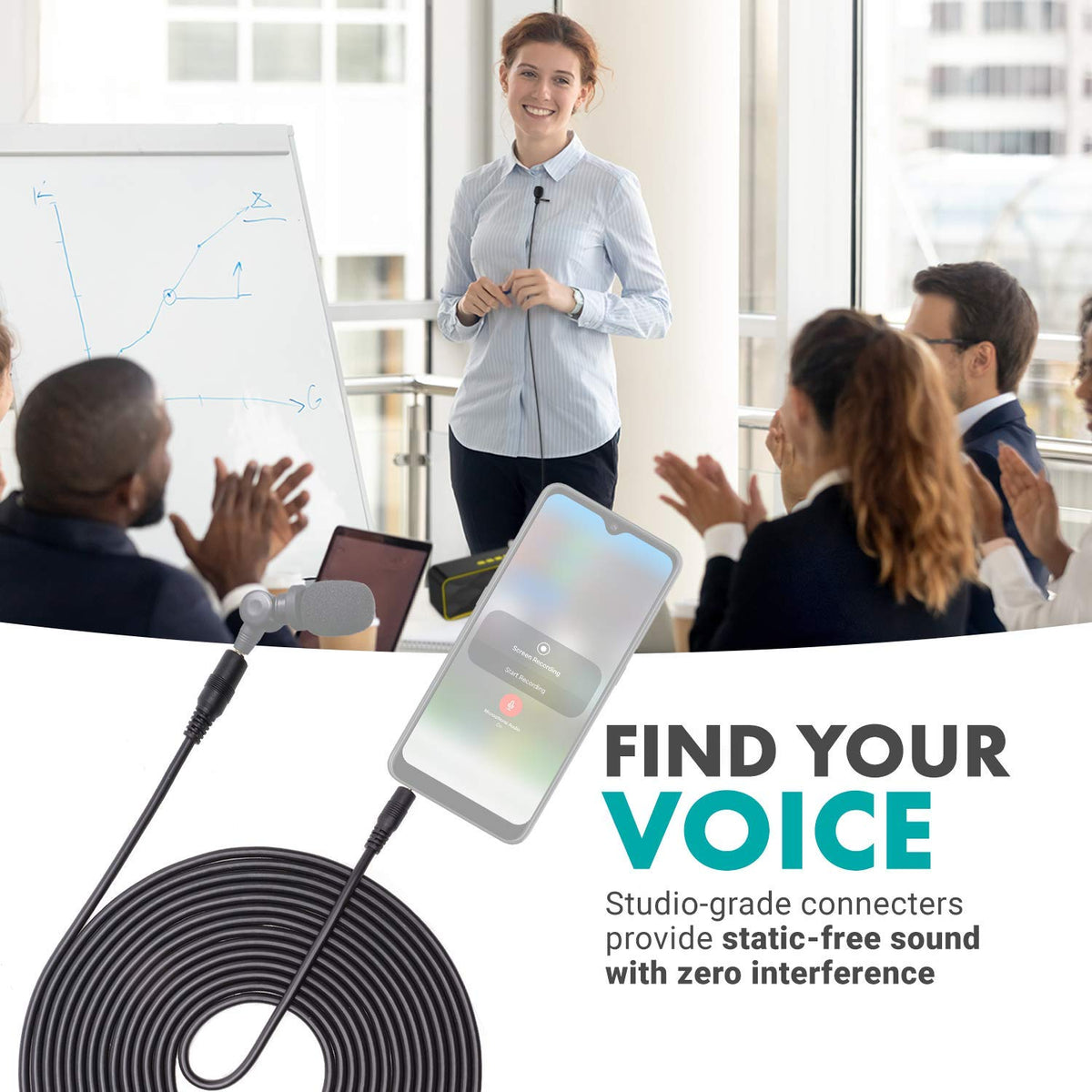 Movo used with lavalier microphone offering hands-free recording benefit
