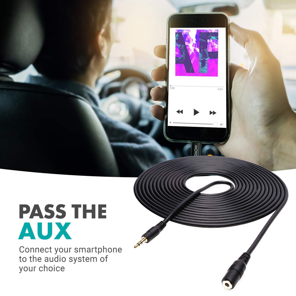 Movo MC20 used to extend headphones with improved reach and comfortable listening distance