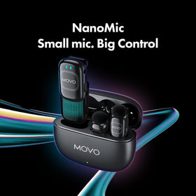 Movo NanoMic charging case open for all-day shooting