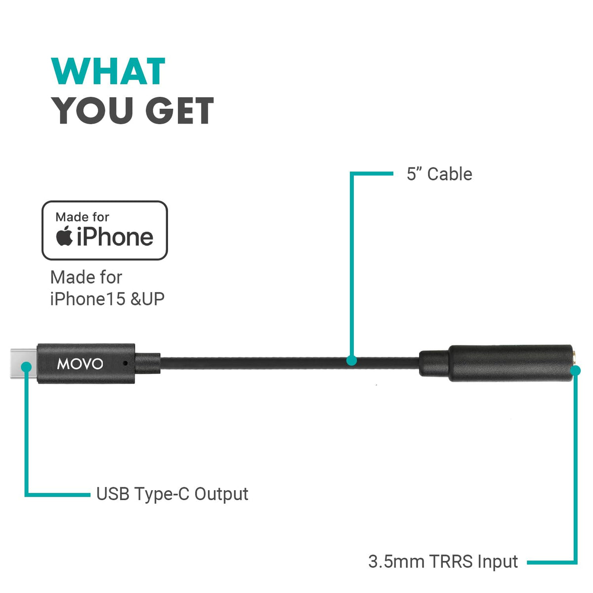 Movo packaged USB-C microphone adapter ready for travel.