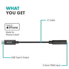 Movo packaged USB-C microphone adapter ready for travel.