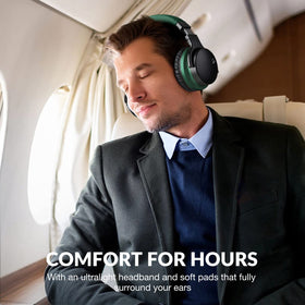 MOVSSOU E7 ANC headphones in-flight view; cabin noise cancellation for focus