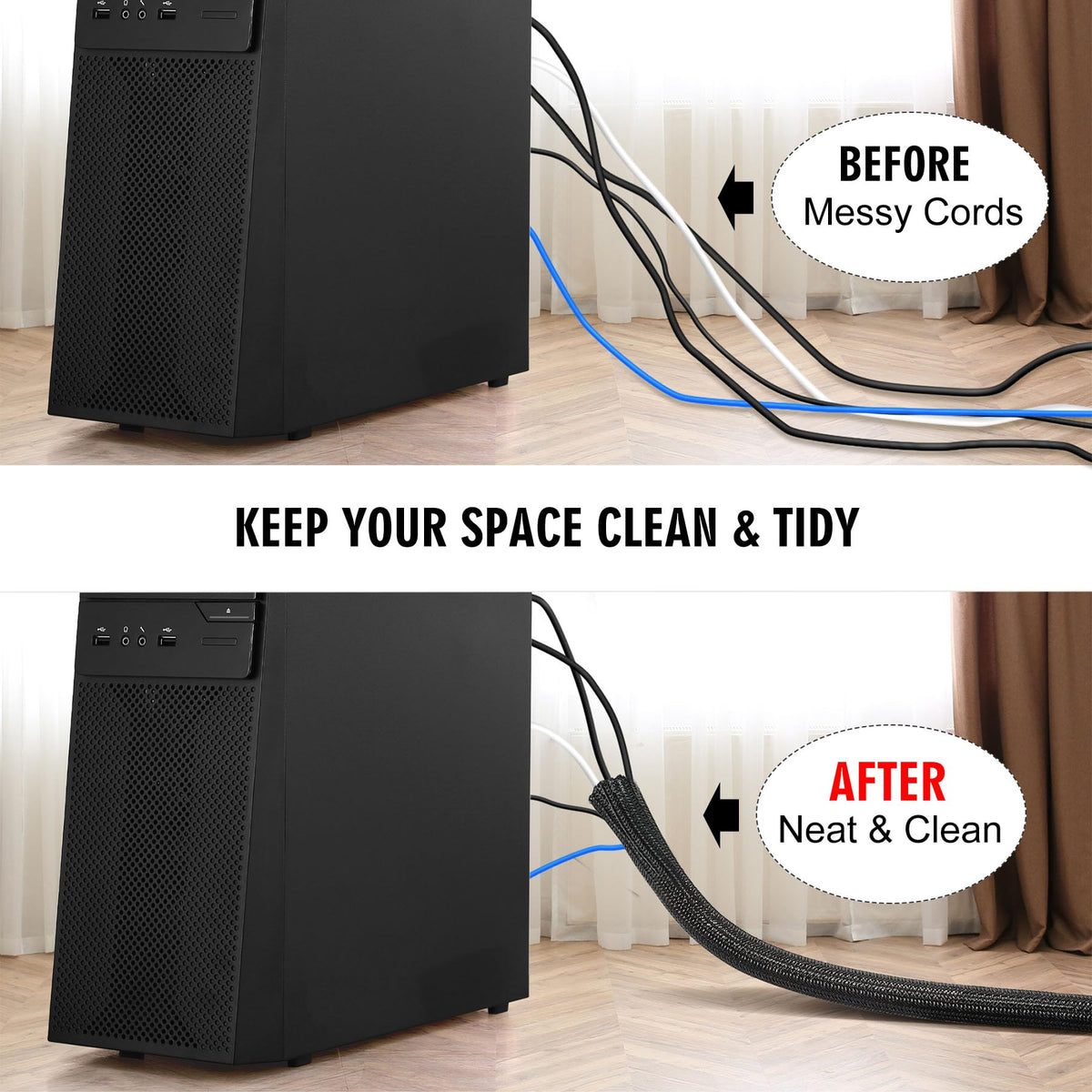 Moxita cord protector easy installation demonstrates quick length cutting and setup.