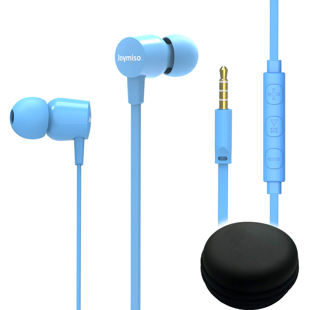 MOXKING front packaging showing blue Joymiso earbuds and case, easy storage benefit