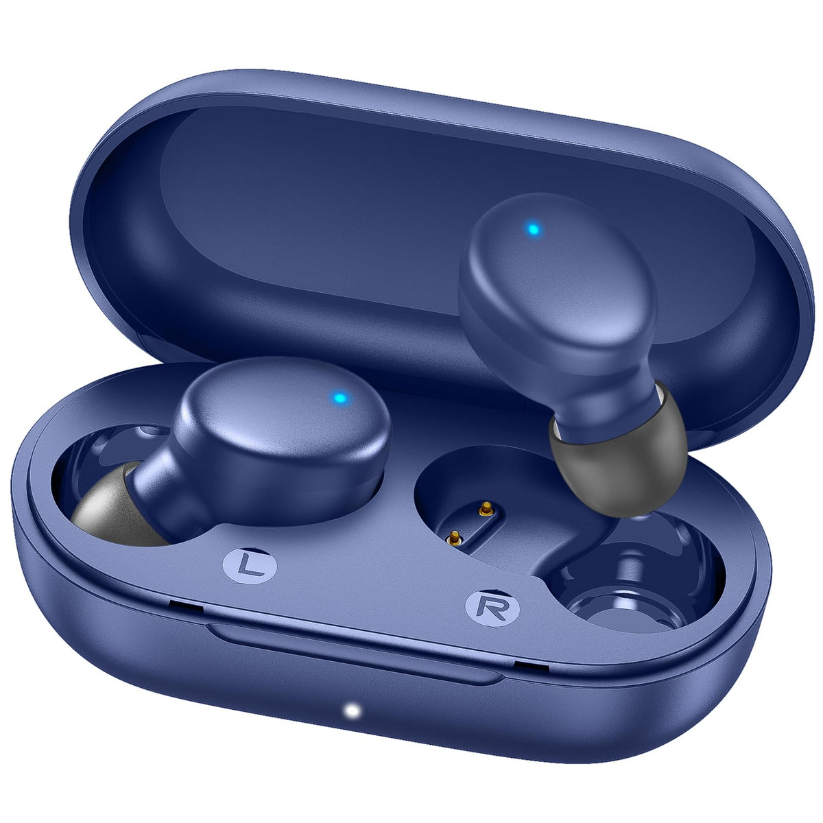 Mozoter S8 Mini earbuds with blue charging case for all-day listening on the go.