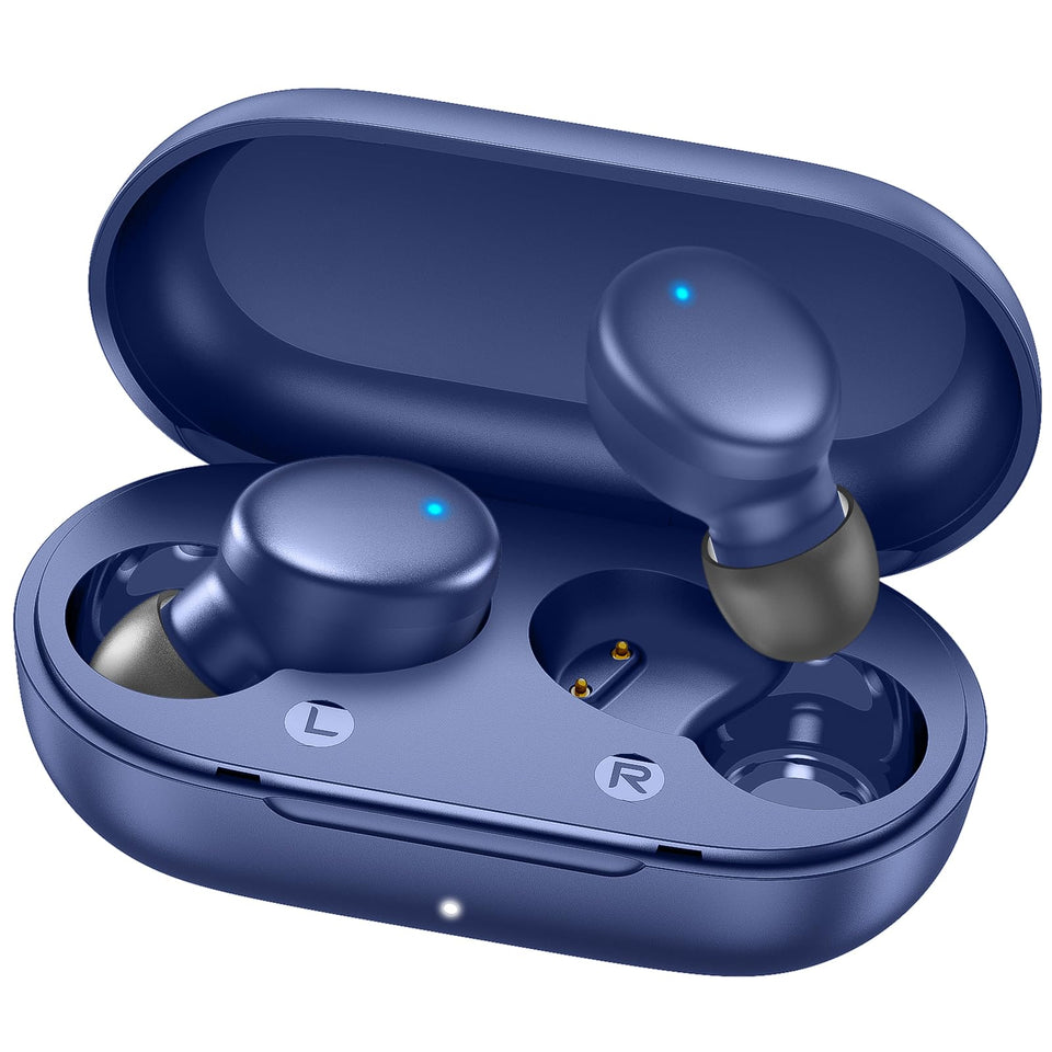 Mozoter S8 Mini earbuds with blue charging case for all-day listening on the go.