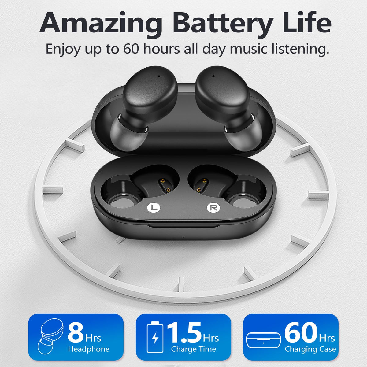 MOZOTER S8 Mini Earbuds charging case extends playtime.
