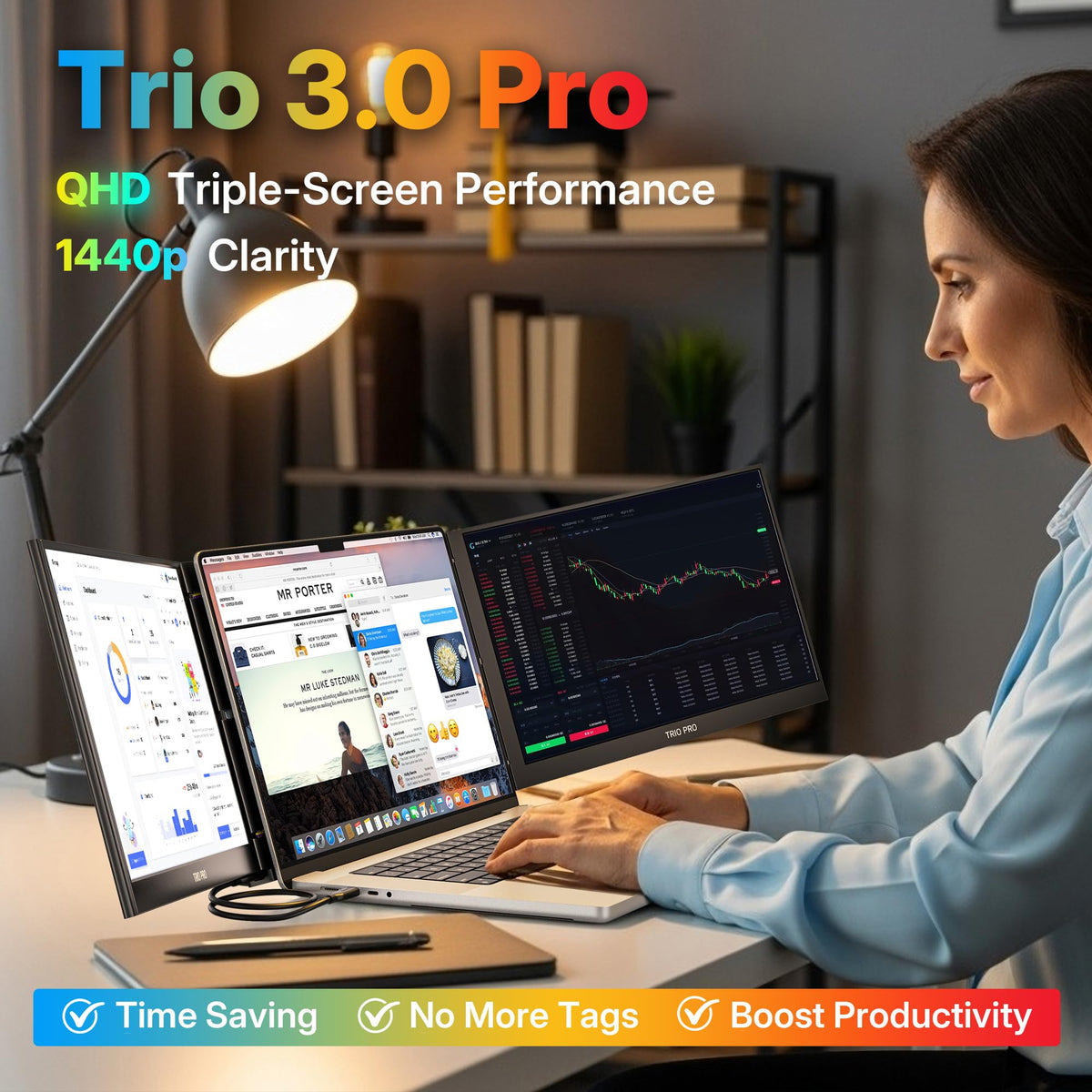 MP Trio 3 Pro eye-care display reduces blue light for comfortable use