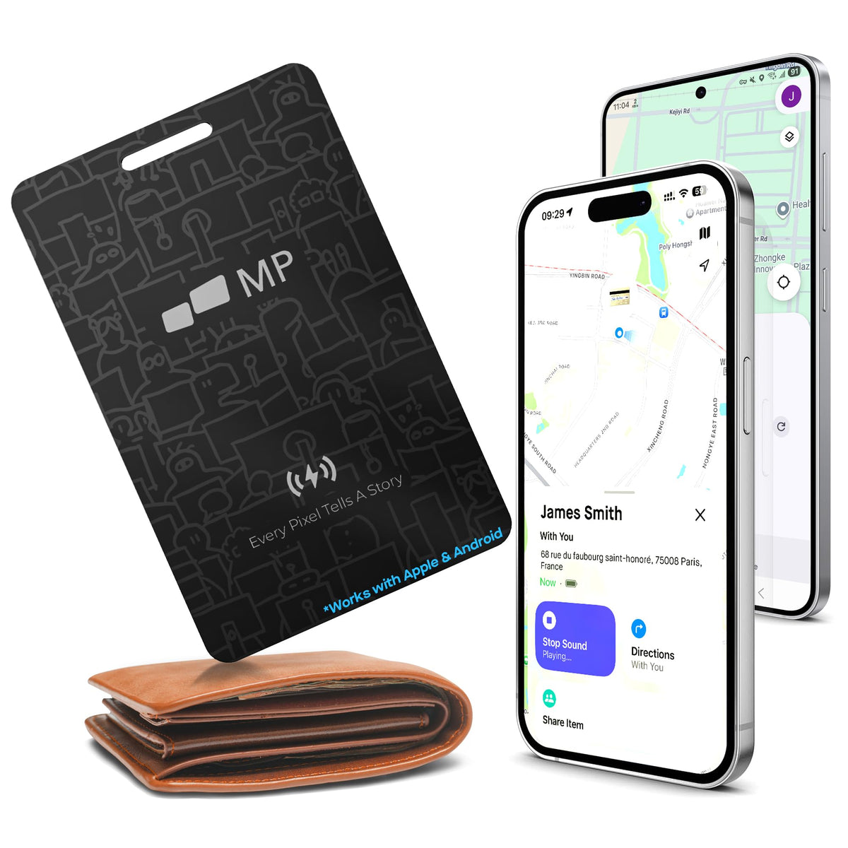MP Wallet Tracker Card front view shows ultra-slim profile for easy wallet insertion.