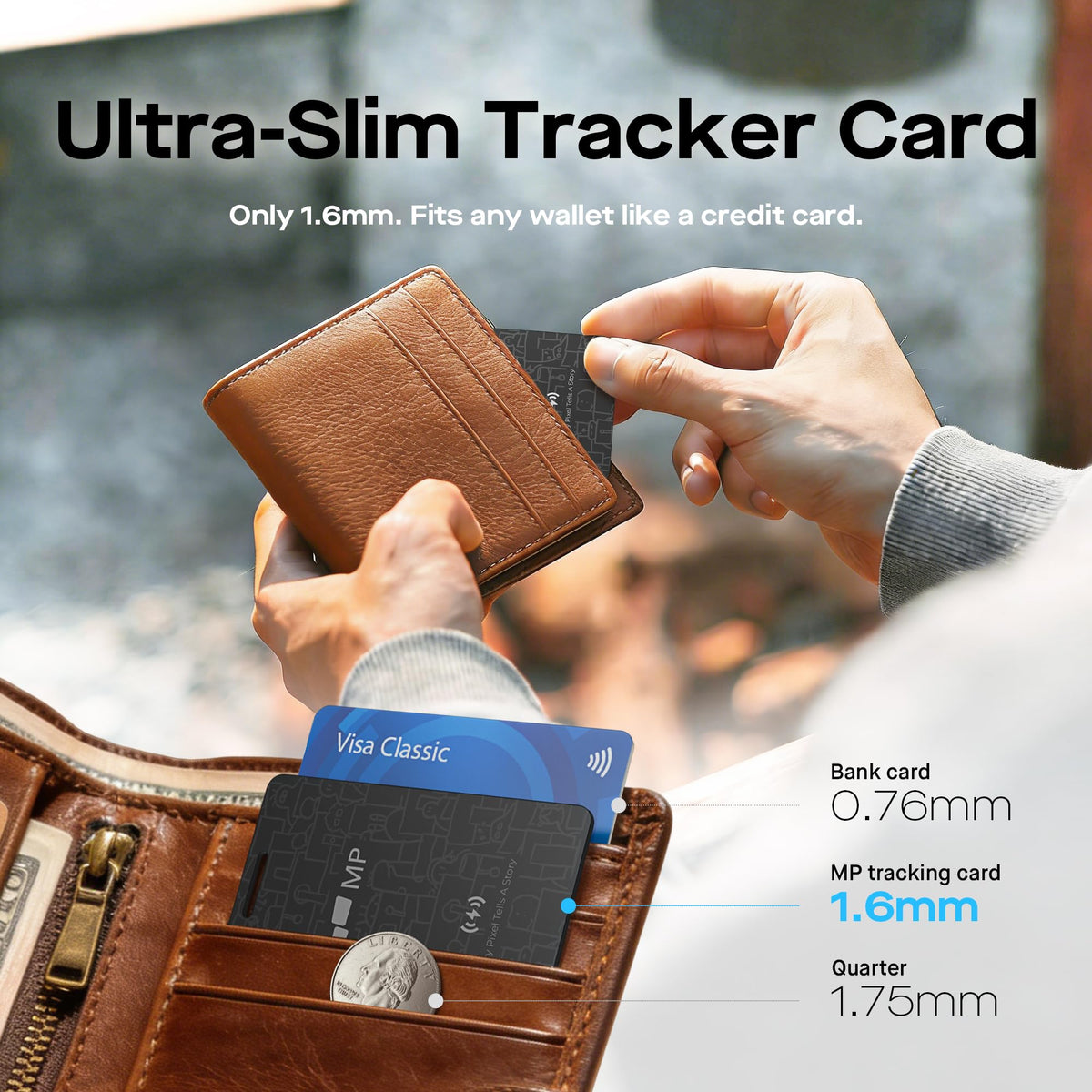 MP Wallet Tracker Card charging on Qi/MagSafe pad for hassle-free power.
