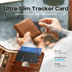 MP Wallet Tracker Card charging on Qi/MagSafe pad for hassle-free power.