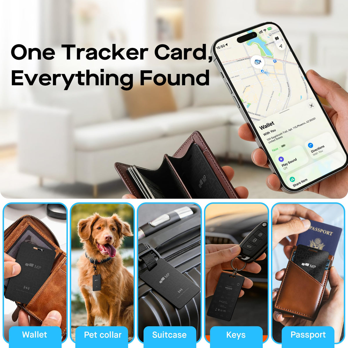 MP Wallet Tracker Card secured in luggage, helping locate bags while traveling.