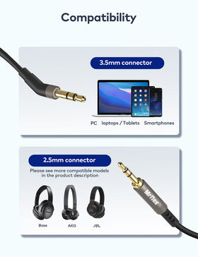 Mr Rex 2.5mm to 3.5mm cable for Bose QC45, durable gold-plated connectors