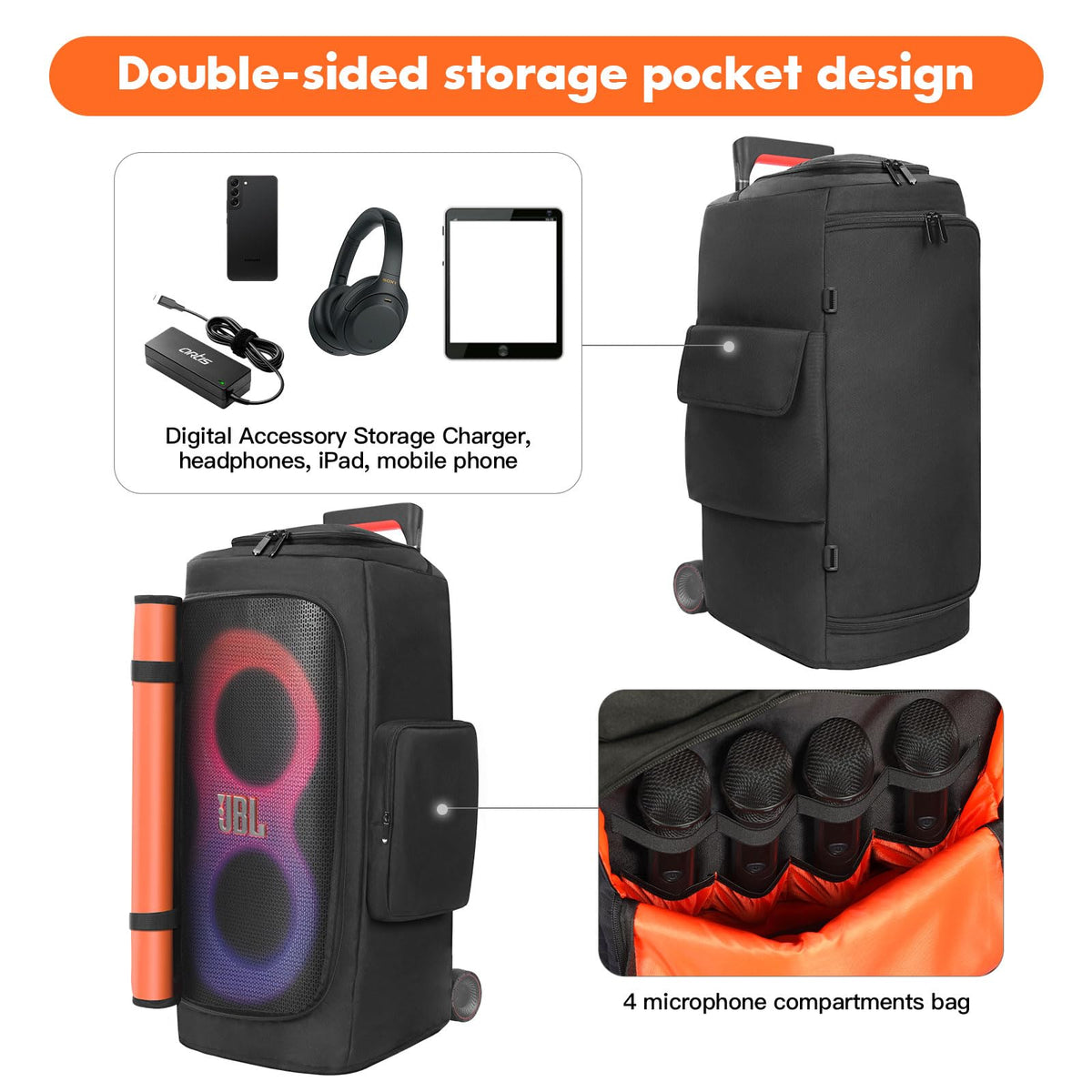 MRINCA side pockets holding cables and mics for organized transport