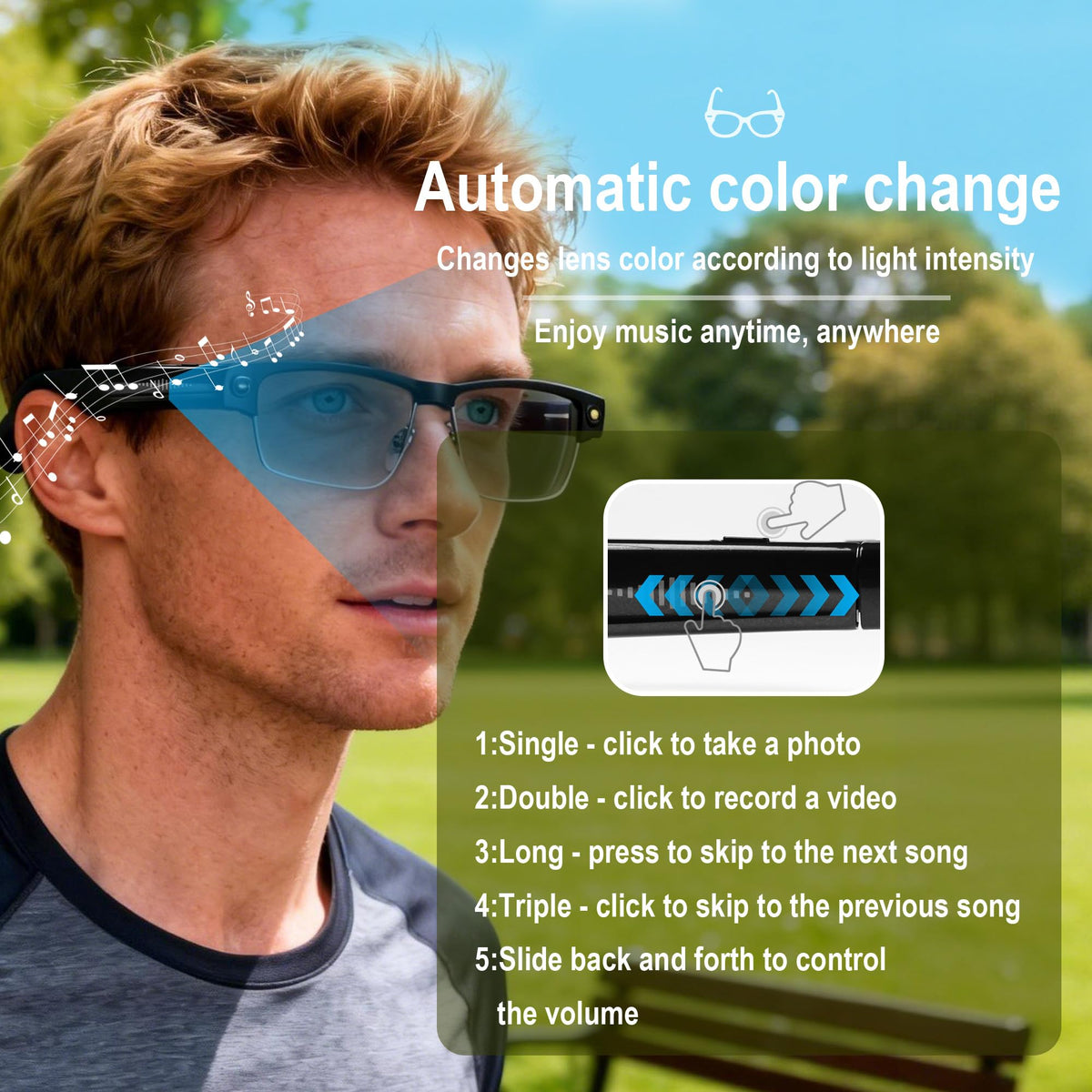 MSCGLYXGS AI Smart Glasses auto-darkening lenses adapting to light conditions