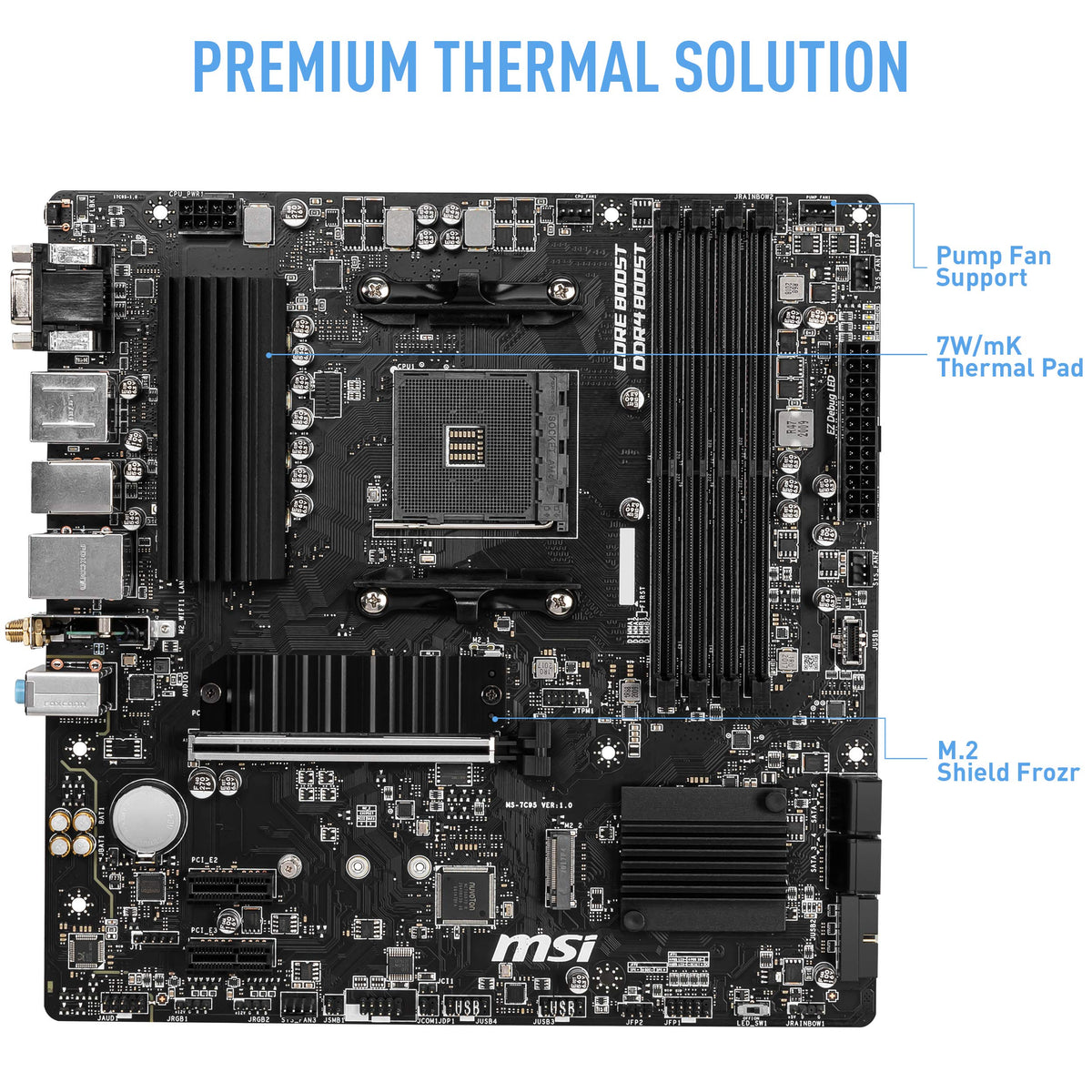 MSI B550M PRO-VDH WIFI motherboard IO panel with USB and video outputs for quick connectivity.
