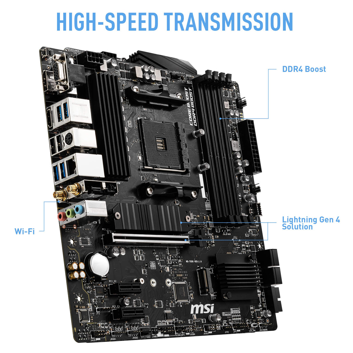 Dual M.2 slots with Shield Frozr cooling on the MSI motherboard for fast storage.