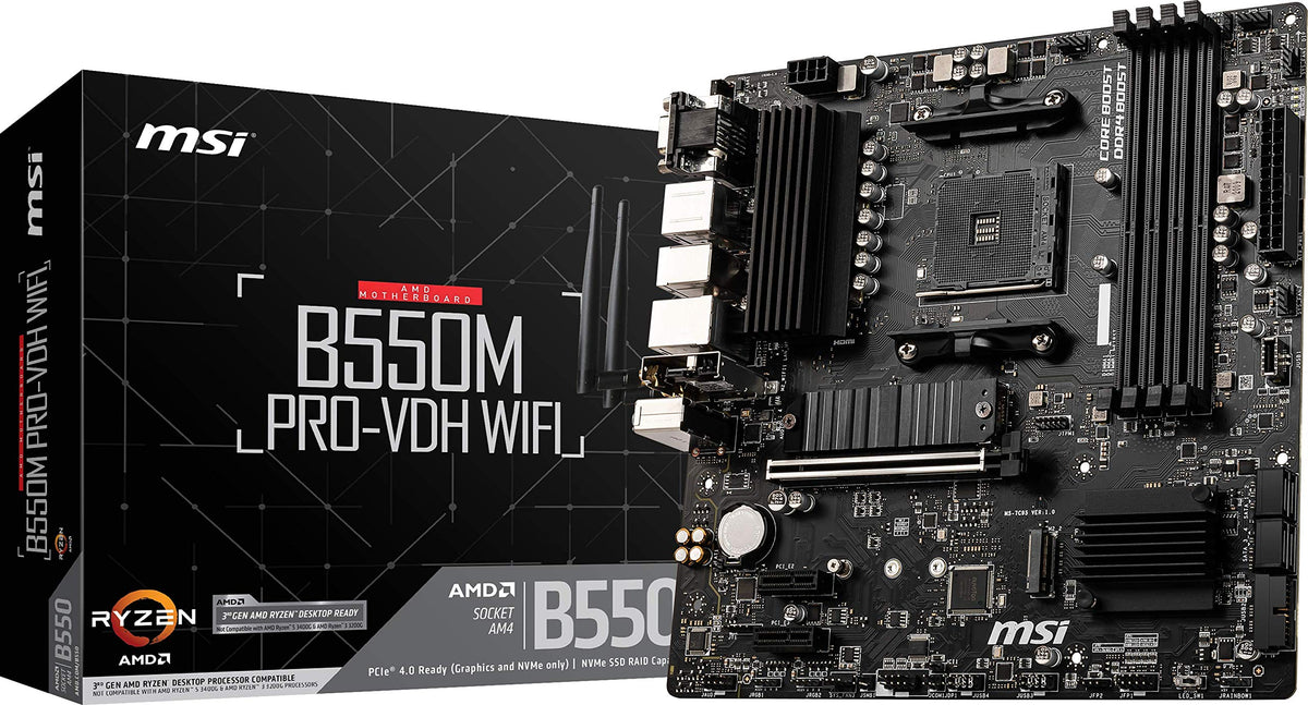 MSI B550M PRO-VDH WIFI motherboard top view highlighting compact micro-ATX design for small builds.