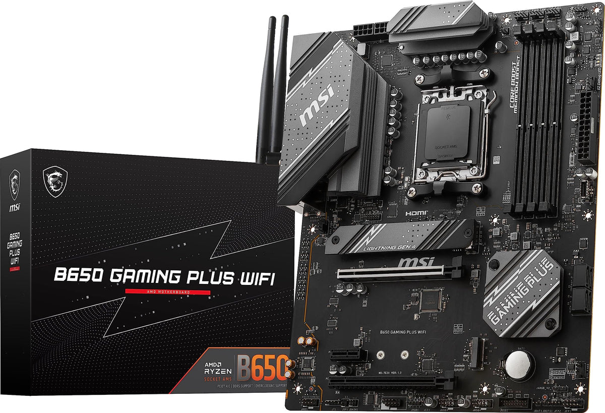 MSI B650 Gaming Plus WiFi motherboard angled view for high-end gaming builds.