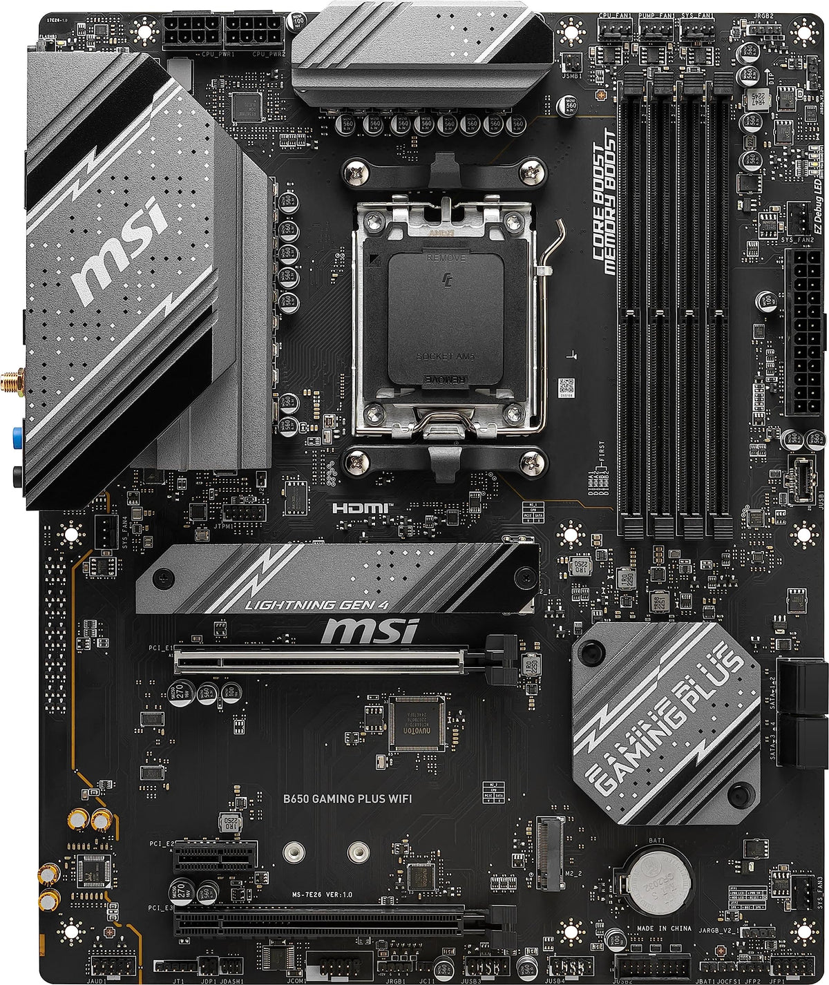 MSI B650 board back panel with Wi-Fi and USB ports for fast connectivity.