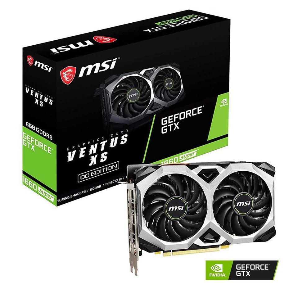 MSI GTX 1660 Super Ventus XS OC front view showing dual-fan cooling for steady gameplay