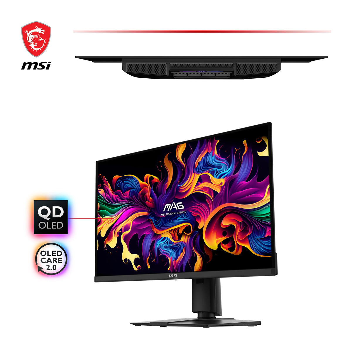 MSI MAG 271QPX QD-OLED panel close-up showcasing vibrant color accuracy.