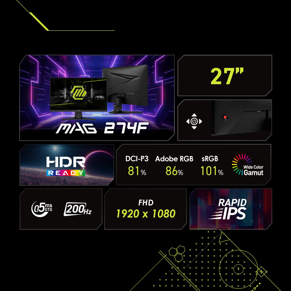 MSI MAG 274F IPS panel close-up showing fast 0.5ms response