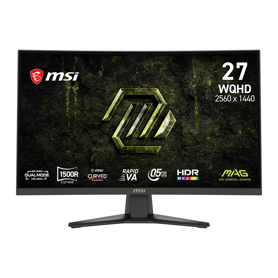 MSI MAG 275CQDF X24 front-angled view highlights immersive gaming presence