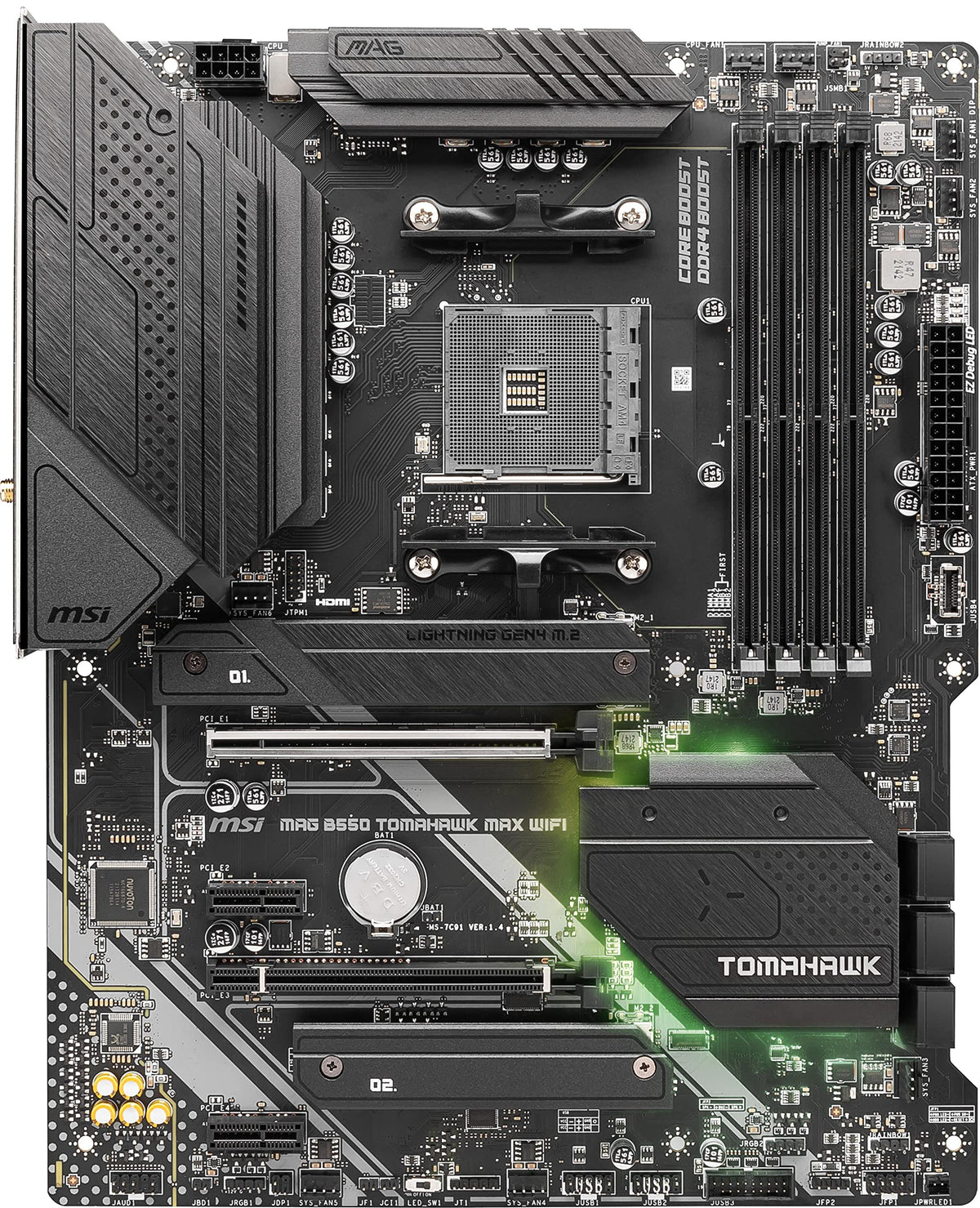 MSI MAG B550 Tomahawk Max WiFi back panel with Wi‑Fi 6E antenna and ports.